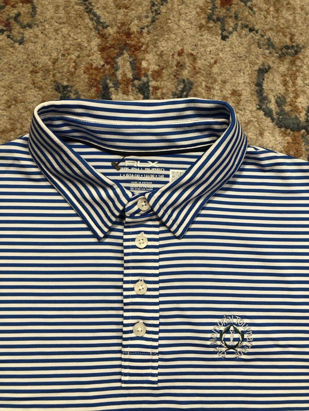 RLX Ralph Lauren Polo Shirt Boys L 14-16 Blue Stripe Memorial Golf Short Sleeve - Picture 2 of 14